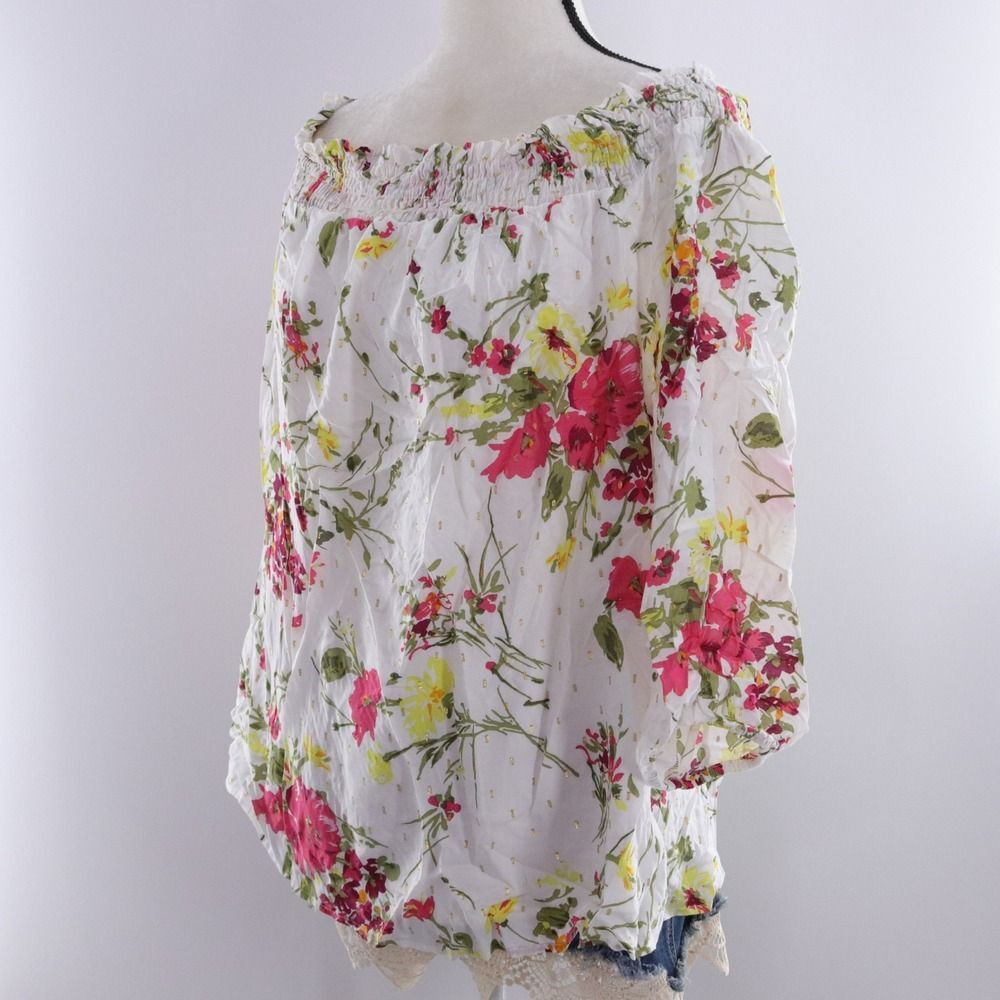 Lane Bryant Floral Off the Shoulder Blouse White Pink Gold Metallic 18/20